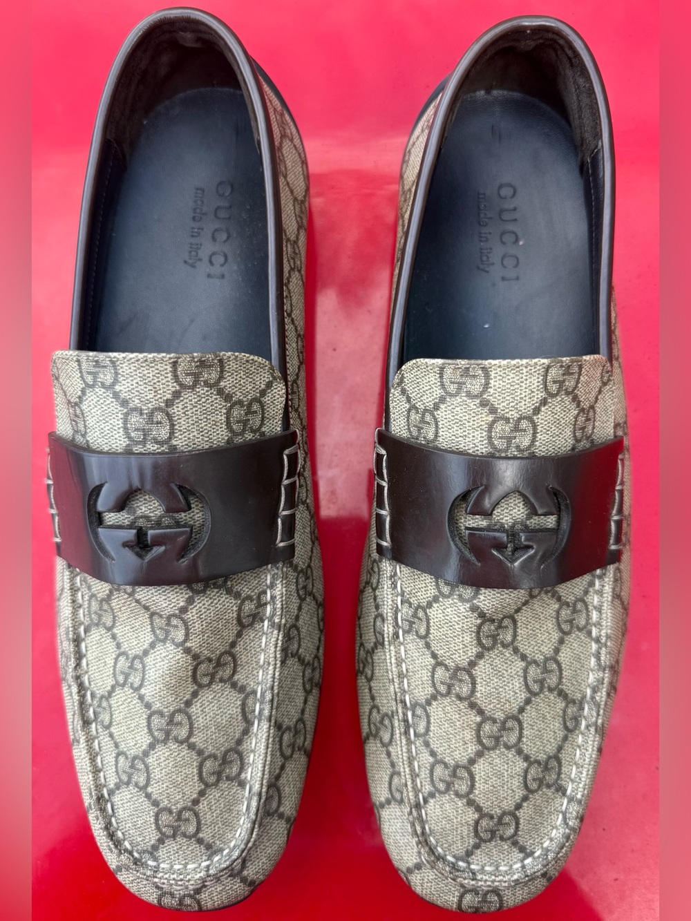 Gucci Brown GG Monogram Canvas Leather-Trim Loafers